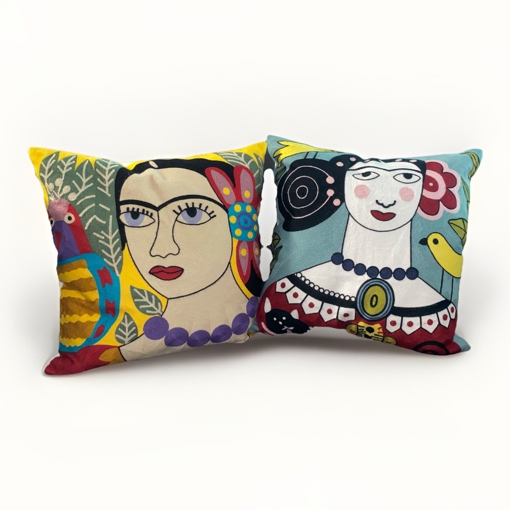 Set of‎ 2 Frida Kahlo Embroidered Throw Pillow Down Feather 18 By 18 Pillows